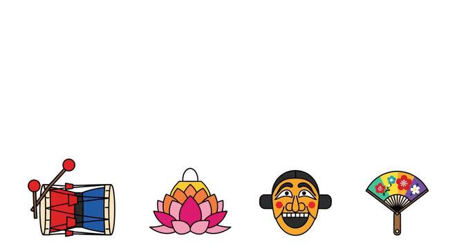 Korean traditional cultural icons set including janggu drum lotus lantern hahoe mask and fan.