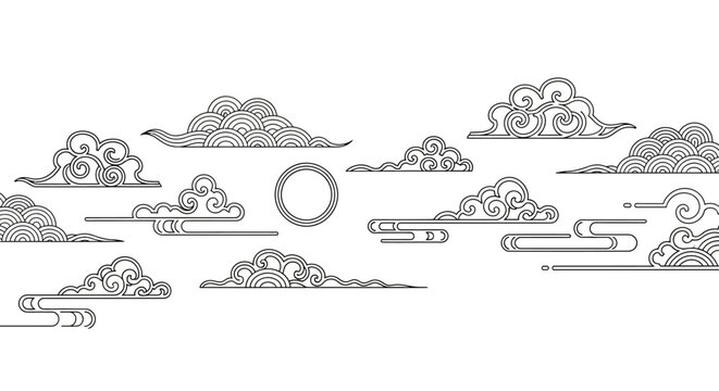 Traditional Chinese auspicious cloud patterns and sun line art vector illustration.