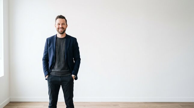 Smiling businessman in a navy blazer and grey sweater standing with hands in pockets against a white wall
