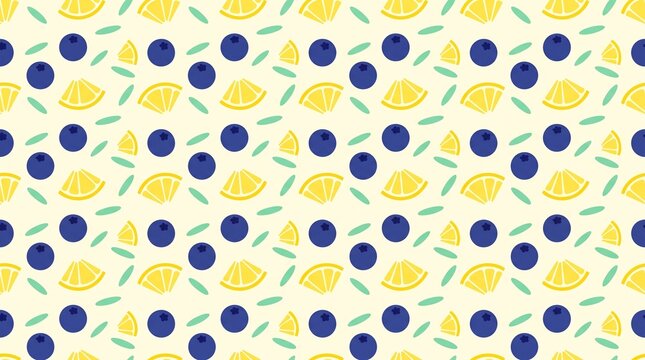 Seamless pattern of blueberries and lemon slices with mint leaves on a light yellow background