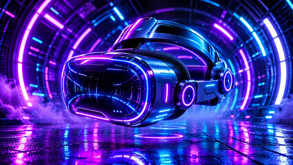 Futuristic Neon VR Headset Floating in Cyber Tunnel Environment