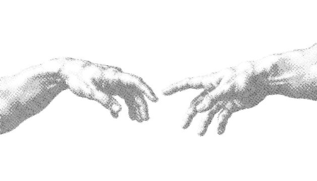 Halftone hands reaching for each other. Retro pop art creation symbol.