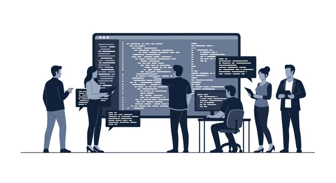A diverse team of software developers collaborating on code in a modern office environment.
