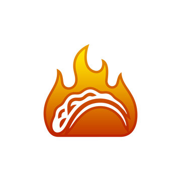 A stylized illustration of a fiery taco, depicting a hard shell taco with white filling engulfed in orange and yellow flames, on a white background.