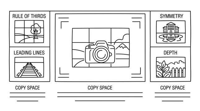 Photography composition guide showing rules and techniques with camera icon.