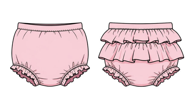 Two pink baby bloomers with ruffles are shown side by side on a white background