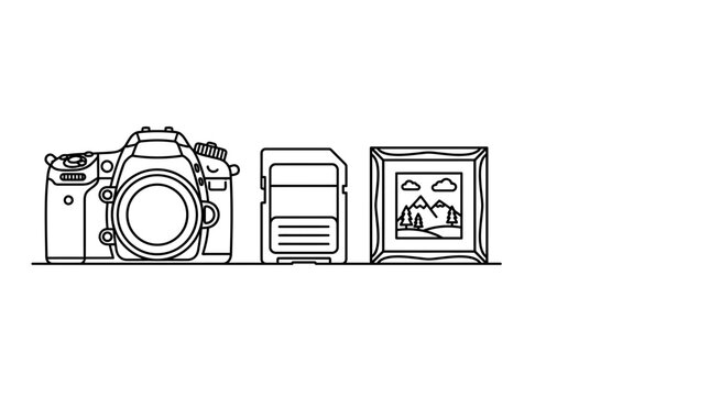 Minimalist outline icon set featuring a camera memory card and a framed picture.