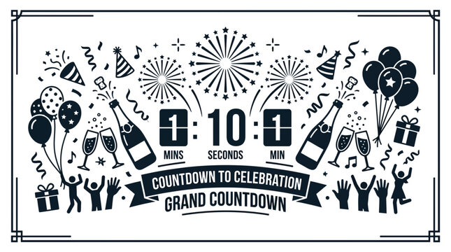New Year celebration grand countdown illustration with champagne and fireworks.