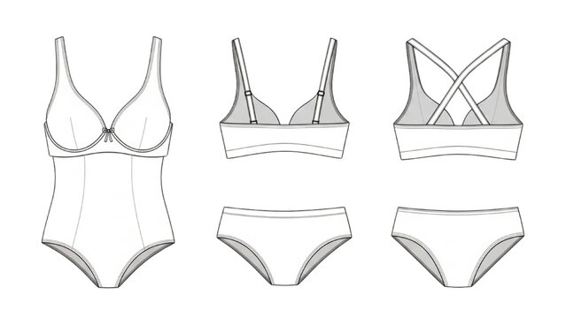 Illustration shows various women's undergarments and lingerie sets on display