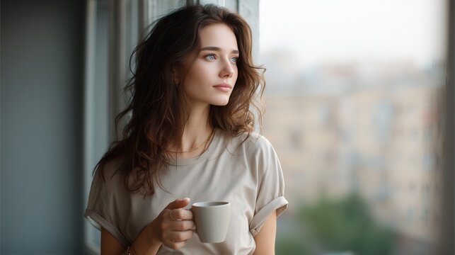Young Woman Drinking Coffee by Apartment Window in Morning Everyday Life Concept