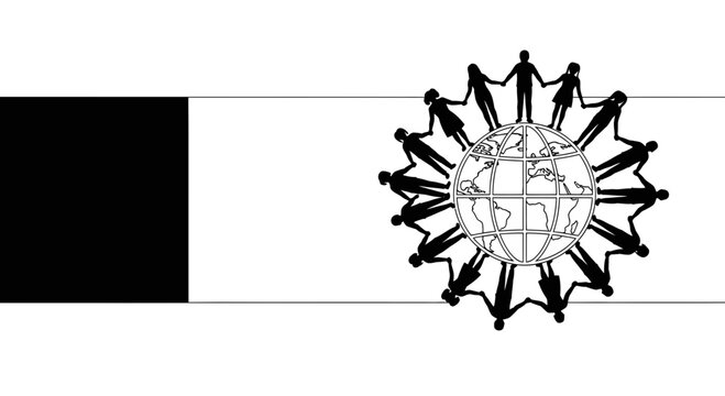 People holding hands in a circle around the globe representing unity and connection.