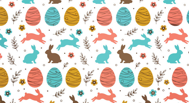 Cute Easter celebration seamless pattern with running rabbits and decorative eggs for textile design