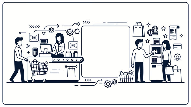 People shopping at supermarket checkout and self service kiosk illustration.