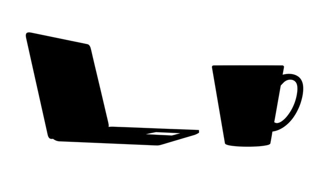 A black silhouette of a laptop computer and a coffee mug.