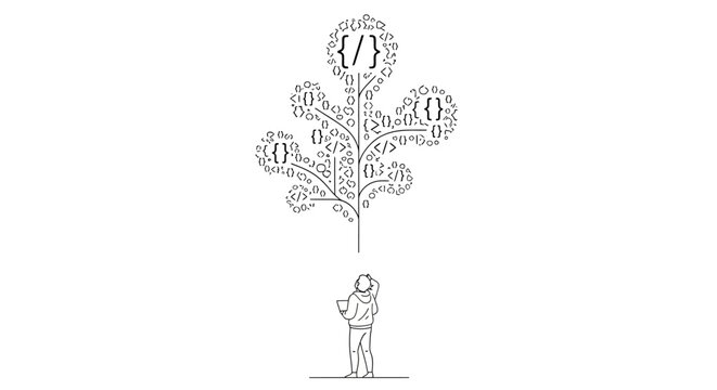 A sketch of a person looking up at a tree made of programming code symbols.