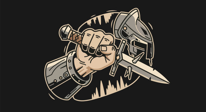 Armored hand gripping dagger and helmet