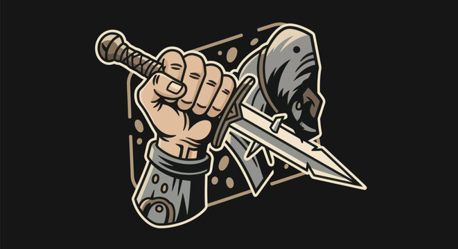 Armored hand gripping sword graphic