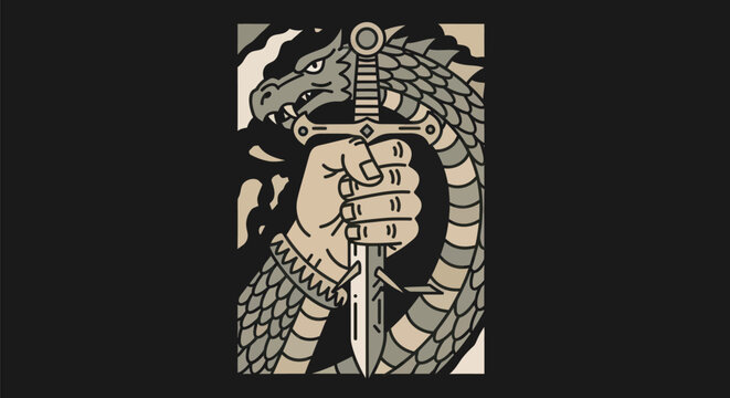 Dragon and sword illustration on black