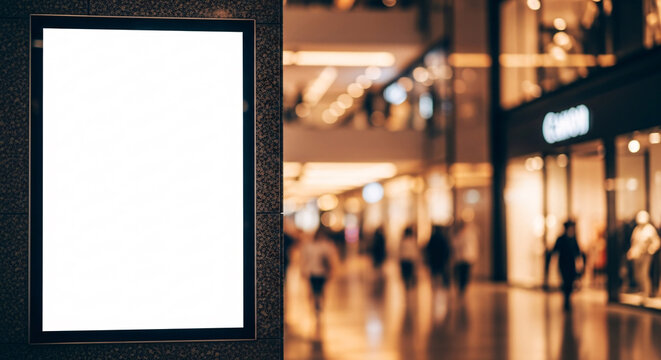 Blank White Advertising Display Panel in a Modern Shopping Mall with Blurred Background and Warm Lighting People Walking