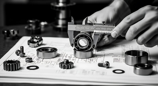 Hands using calipers to measure a ball bearing on technical blueprints