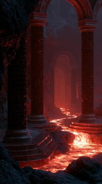 Pluto in an empty monumental throne chamber carved from volcanic rock and Roman marble, rivers of molten lava beneath stone platforms, obsidian pillars with faint glowing inscriptions, ash-filled cin