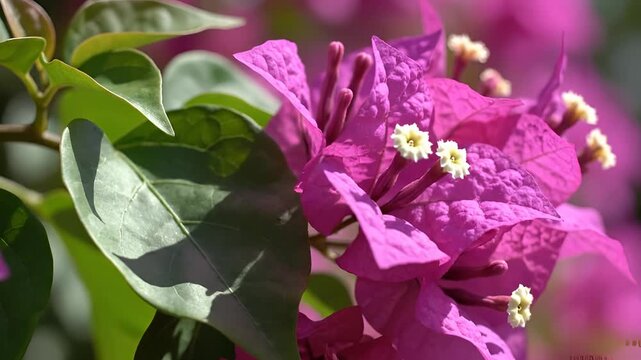 Vibrant Pink Bougainvillea Flowers and Green Leaves CloseUp.