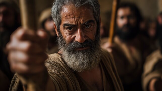Before his transformation, Saul fiercely persecutes the early church, pursuing believers with zeal and determination across Jerusalem.
