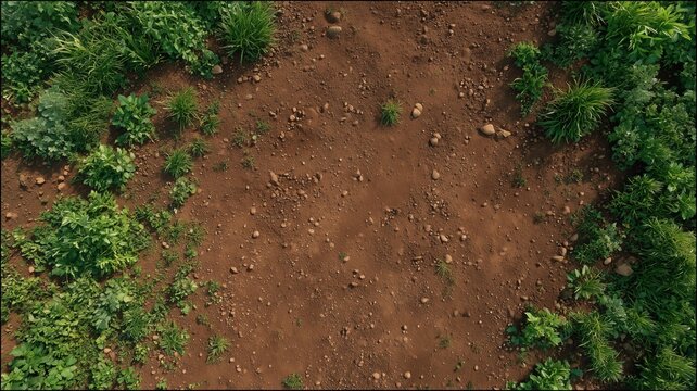 土の上に緑の草や植物が生えている様子。自然や環境関連の背景素材や農業シーンに利用可能な風景