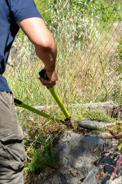 Vertical close up of hands cutting grass with garden shears