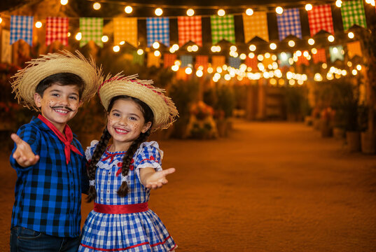 happy couple of children in traditional Brazilian Festa Junina, smiling and inviting to the party. brazilian couple,arraial, festa de s&atilde;o jo&atilde;o. boyfriend and girlfriend.free space.