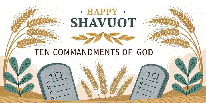 Happy Shavuot greeting with ten commandments tablets and wheat harvest decorative composition