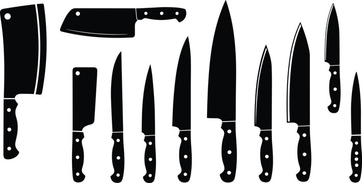 Collection of ten diverse kitchen knife silhouettes including cleavers, chef knives, utility blades, and paring tools for culinary vector design