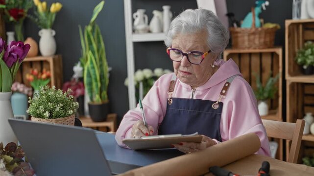 Woman florist in apron writing on a clipboard while checking a laptop, hands on paperwork, surrounded by vases and wooden crates in a studio; calmness care.