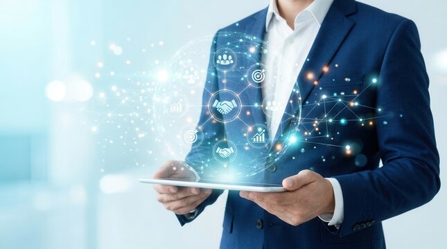 Business management concepts visualized through network technology and a tablet computer.