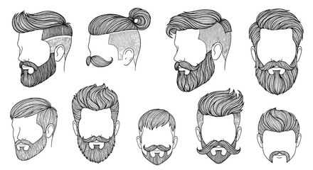Obraz premium Selection of stylish men's hairstyles and groomed beard designs showcased through detailed black and white line art illustrations of male heads.