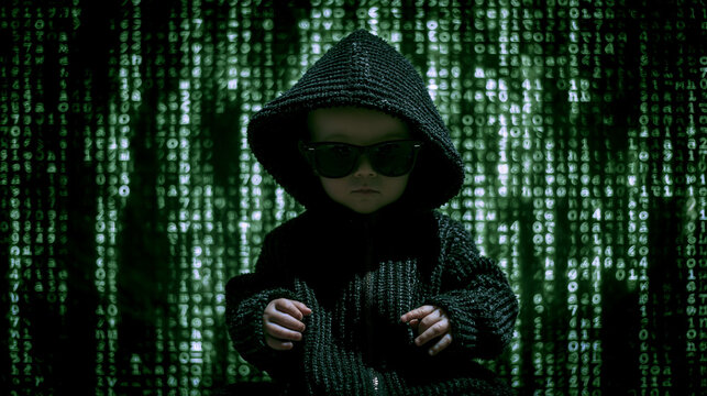 Baby in Hoodie with Digital Code Background 