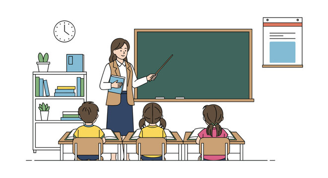 Female teacher explaining a lesson with a pointer in front of a green chalkboard while three young students listen attentively in a classroom.