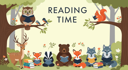 Fototapeta premium Adorable forest animals like bear, owl, deer, and foxes gathered together to enjoy reading books in a woodland setting.