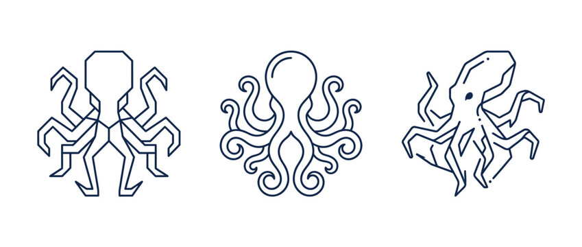 Stylized octopus illustrations modern vector designs on white backgrounds