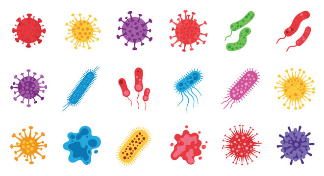 Large collection of various colorful virus and bacteria icons in flat design style, representing different types of microorganisms.