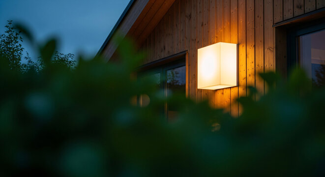 Warm illuminated square outdoor light fixture on a modern wooden building exterior at twilight behind blurred green foliage