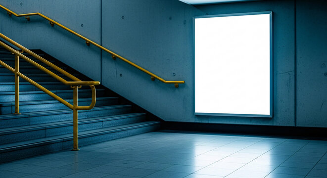 Empty White Lightbox Display On Subway Wall Next To Stairs With Yellow Handrail Awaiting Advertisements In Blue Toned Underpass