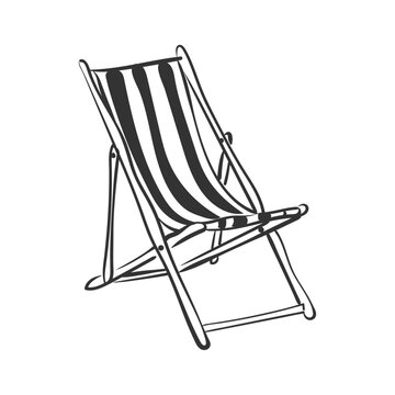 Hand-drawn ink drawing of a black silhouette of a wooden beach chair. Isolated striped lounge chair. Vector illustration of a summer beach concept.