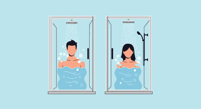 Man and woman taking showers in separate modern glass cubicles with water flowing from overhead showerheads and soapy bubbles around.