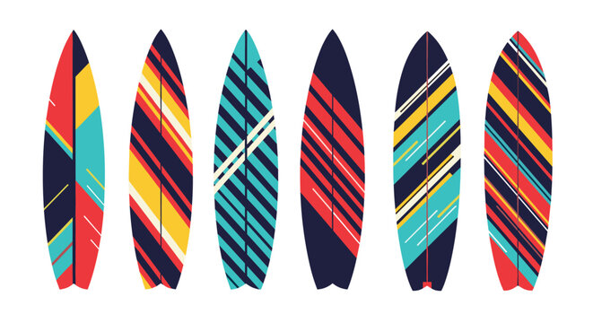 Collection of six colorful surfboards with various vibrant geometric patterns and stripes on a white background for summer beach sports.