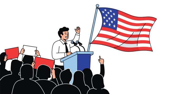 Confident male politician delivering an inspiring speech from a blue podium with a large American flag waving in the background.