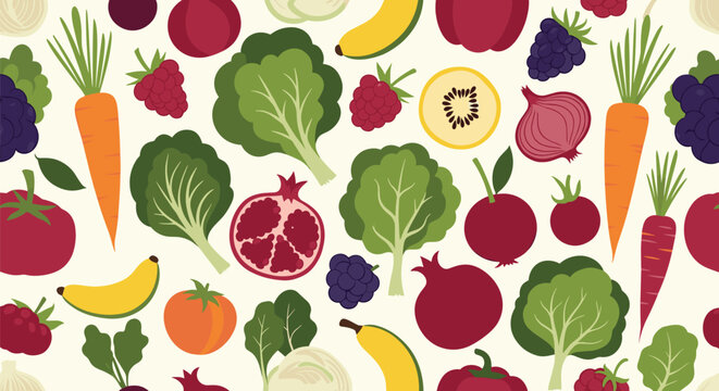 Vibrant seamless pattern with various healthy fruits and vegetables such as carrots, tomatoes, berries, and leafy greens for food themes.