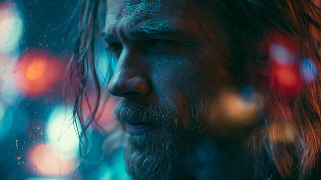pensive viking man sorrow in urban nightscape, blue glow,