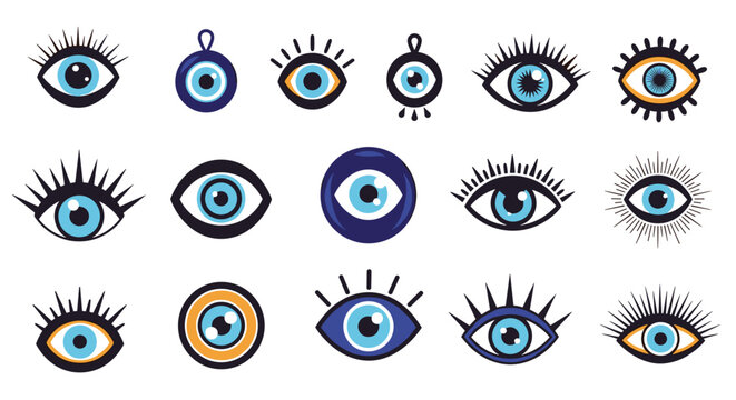 Diverse collection of blue evil eye charms and hamsa symbols in various styles for protection and traditional Mediterranean culture.