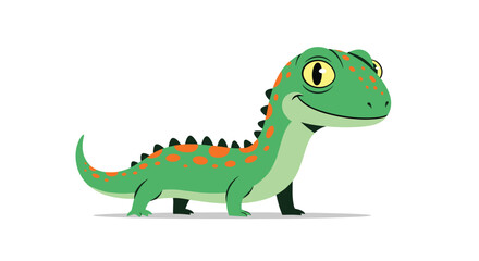 Fototapeta premium Adorable green cartoon lizard with bright orange spots and large yellow eyes isolated on a plain white background for children.